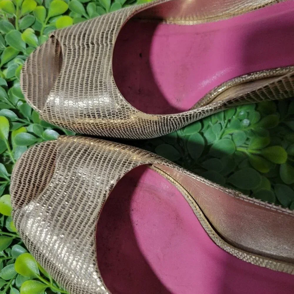 Lilly Pulitzer Gold Wedge Peep Toe Women's Shoes Sz 7.5 MSRP $ 148